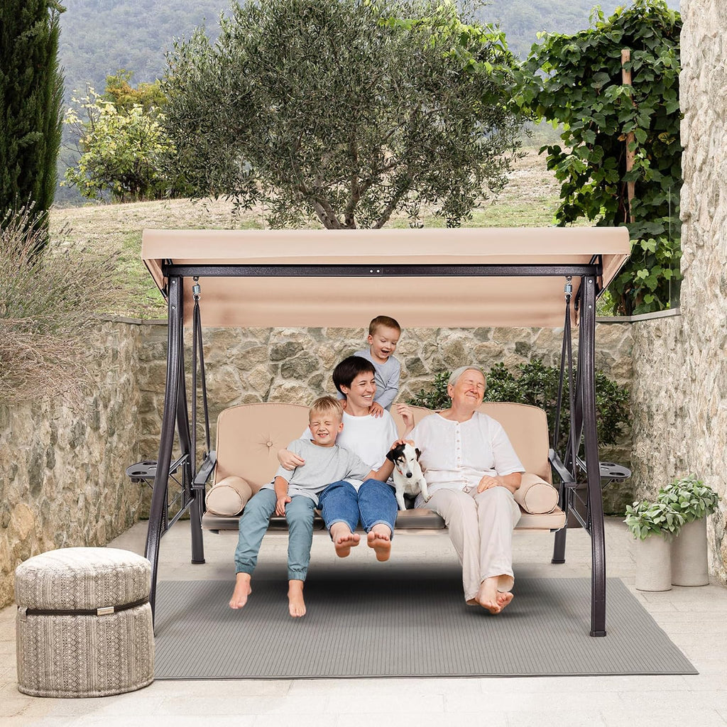 HOMREST 3 Person Outdoor Porch Swing with 1.5' Upgraded Cup Holder, Adjustable Canopy, Backrest, Patio Swing Bed with Weather Resistant Steel Frame, Cushions for Garden,Deck and Poolside(Khaki)