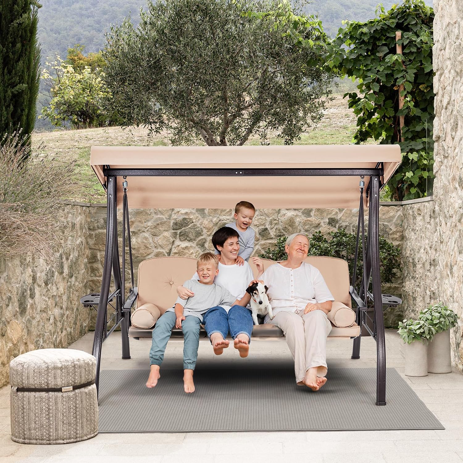 HOMREST 3 Person Outdoor Porch Swing with 1.5' Upgraded Cup Holder, Adjustable Canopy, Backrest, Patio Swing Bed with Weather Resistant Steel Frame, Cushions for Garden,Deck and Poolside(Khaki)