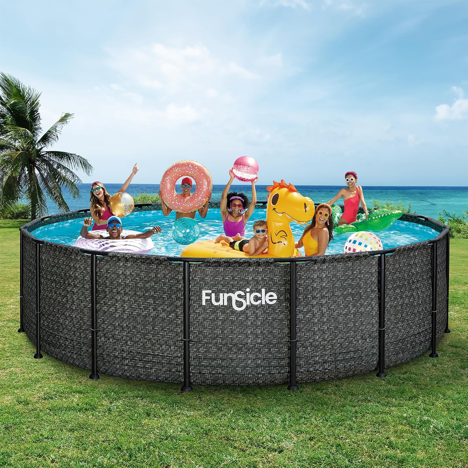 Funsicle Oasis Designer 16' x 48' Round Above Ground Swimming Pool, With FiltraBoost 1800 GPH Filter Pump With AutoSkimmer, Pump, Ladder, Deluxe Maintenance Kit, Cover & Ground Cloth, Dark Herringbone