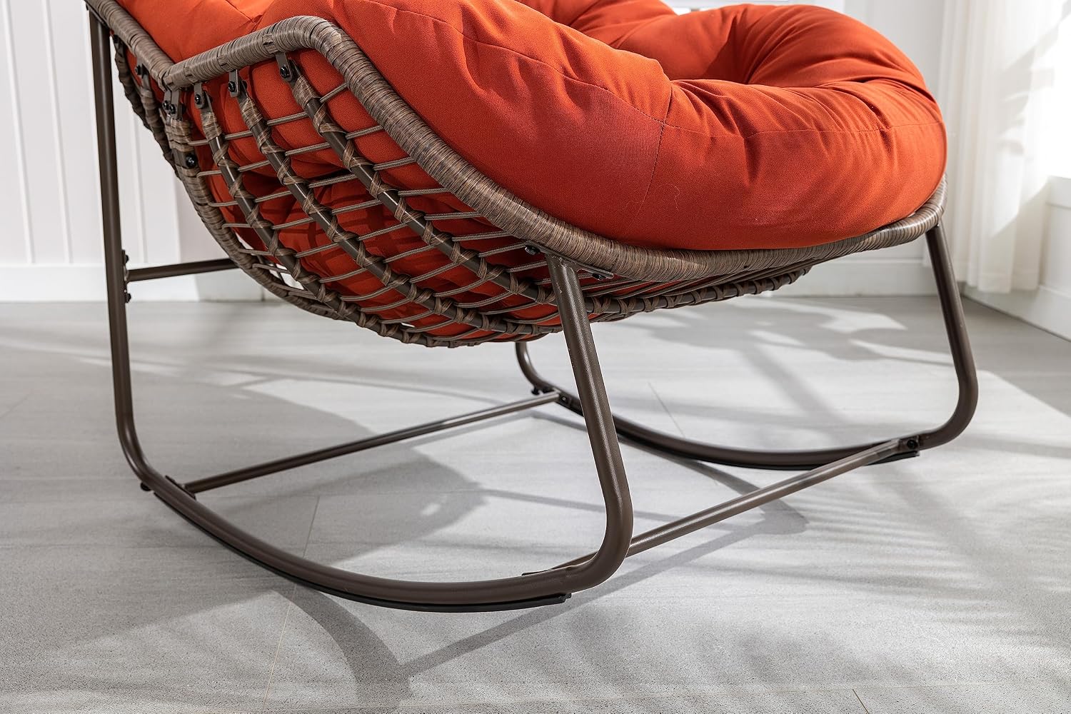 Wicker Outdoor Rocking Chair Rattan Egg Chair with Thick Cushion 30° Smooth Rocking Patio Lounge Reclining for Indoor Outdoor Use Living Room Front Porch Balcony Lawn Garden, Orange
