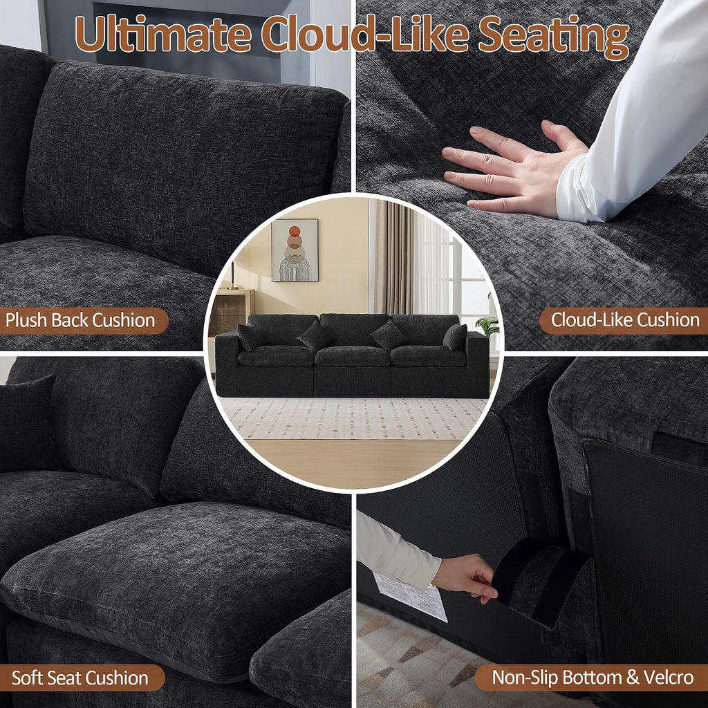 115''Cloud Boneless Sectional Couch, Modular Sectional Sofa Deep Seat, Oversized Upholstered Convertible Comfy 3 Seater Chenille Memory Foam Sofa Couches for Living Room, Dark