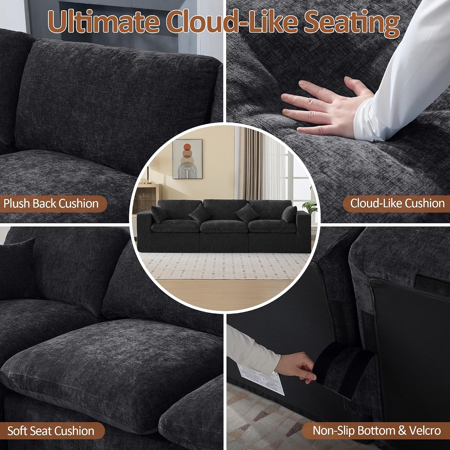 115''Cloud Boneless Sectional Couch, Modular Sectional Sofa Deep Seat, Oversized Upholstered Convertible Comfy 3 Seater Chenille Memory Foam Sofa Couches for Living Room, Dark