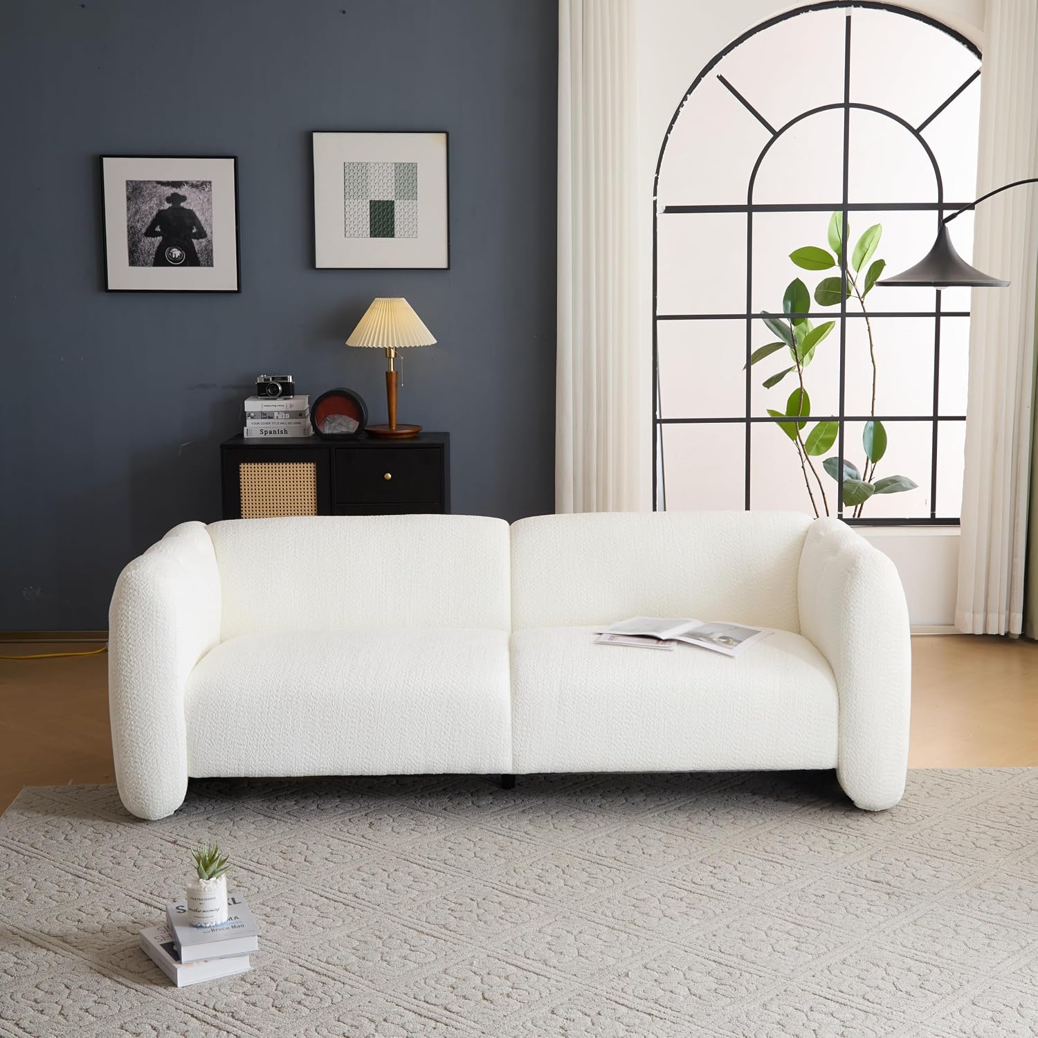 Christopher Knight Home Carine 83'' Sofa Couch, Cozy Boucle Fabric Upholstered 3-Seater Seating Sofa, Comfy Couches for Living Room and Office, Modern Oversized Loveseat, Curved Wave Design, White