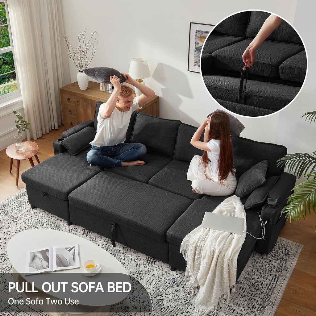 DURASPACE Sofa Bed Pull Out Couch Sleeper with Double Storage Chaise, U Shaped Convertible Sectional Sleeper Sofa for Living Room with USB Charging Ports, Cup Holder (Dark Gray)