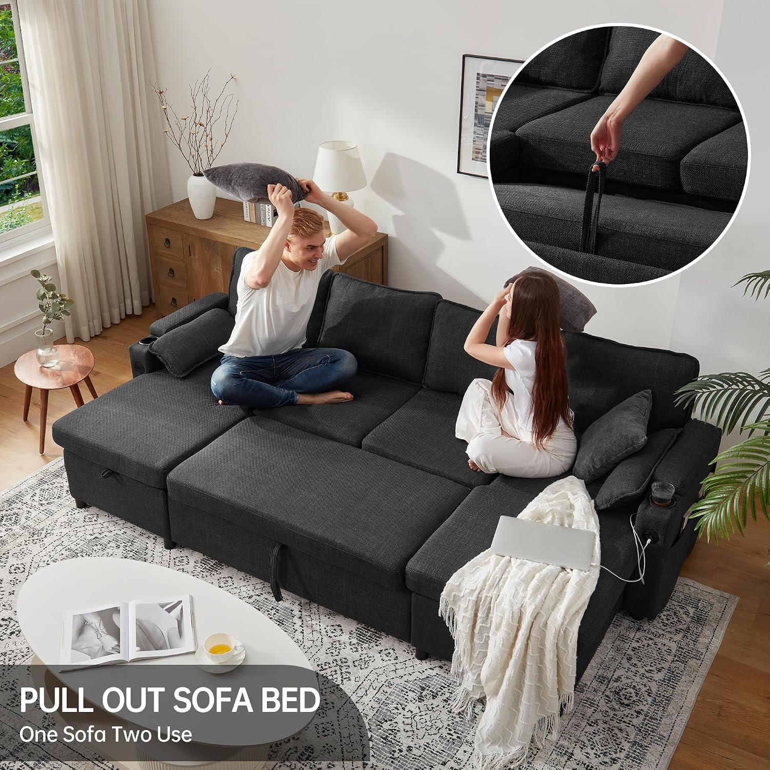 DURASPACE Sofa Bed Pull Out Couch Sleeper with Double Storage Chaise, U Shaped Convertible Sectional Sleeper Sofa for Living Room with USB Charging Ports, Cup Holder (Dark Gray)