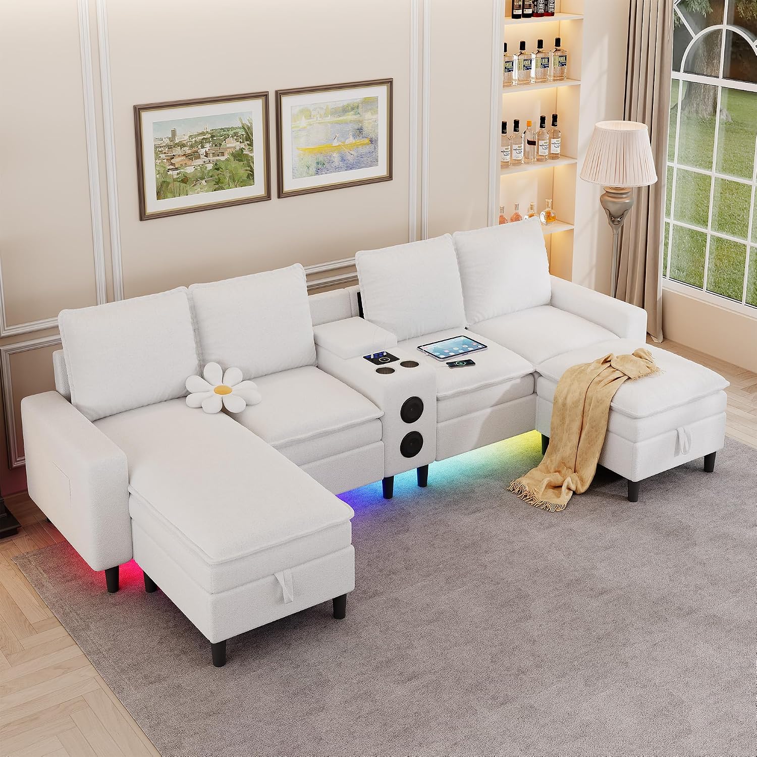 Sectional Couches for Living Room, 4 Seat Sectional Sofa with Smart Module-Bluetooth Speaker/RGB Light/Charging Station, Teddy Fleece U Shaped Cloud Couch with Storage Ottoman (White)