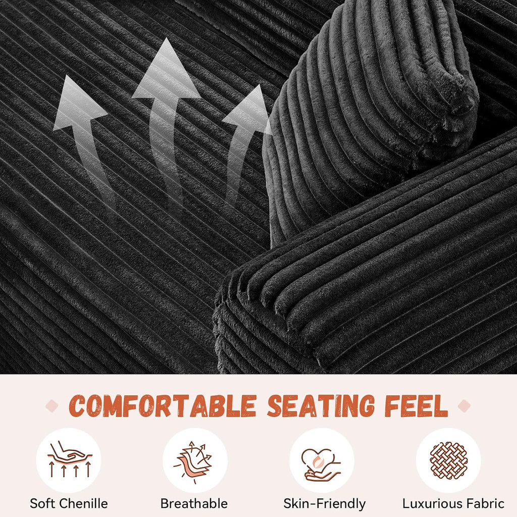 3 Seater Sofa Couch for Living Room (Black, 30' D + 2 Pillows +Fixed-Shape Frame)