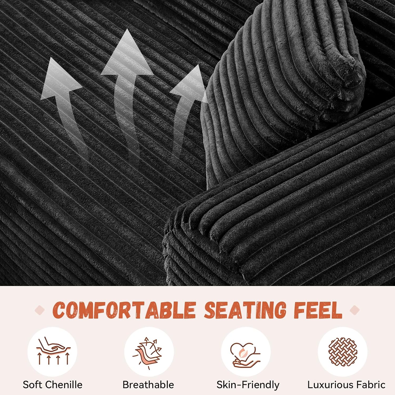 3 Seater Sofa Couch for Living Room (Black, 30' D + 2 Pillows +Fixed-Shape Frame)