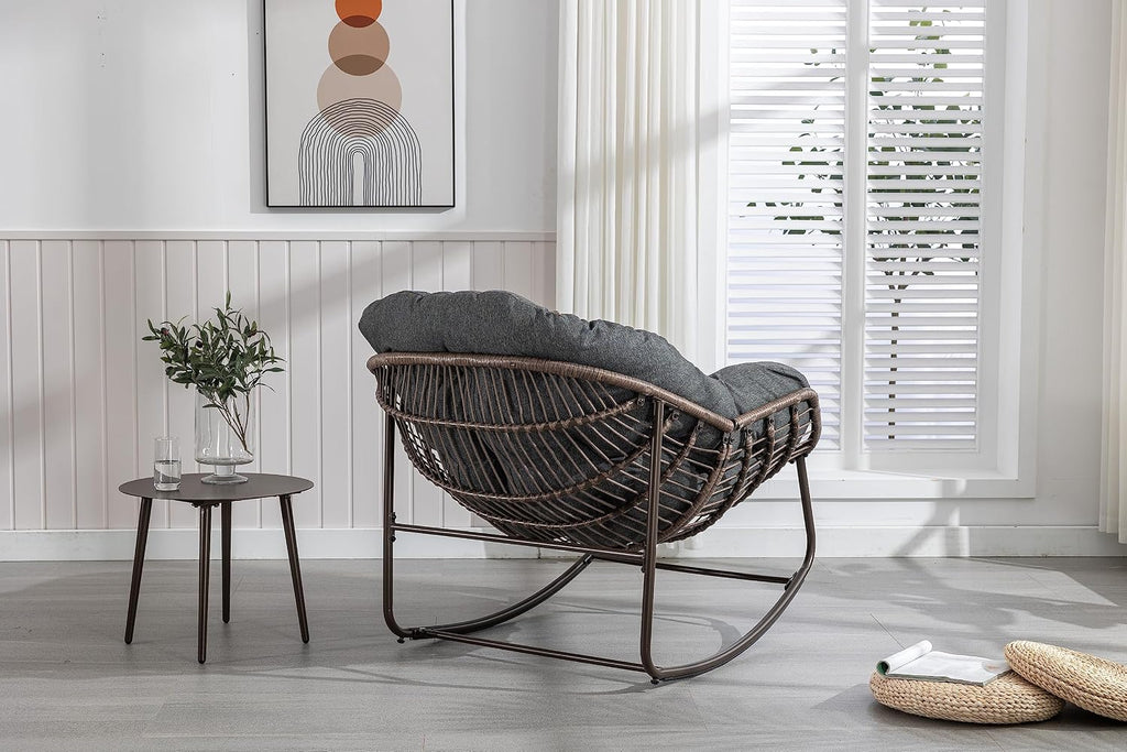 Wicker Outdoor Rocking Chair Rattan Egg Chair with Thick Cushion 30° Smooth Rocking Patio Lounge Reclining for Indoor Outdoor Use Living Room Front Porch Balcony Lawn Garden, Dark Grey