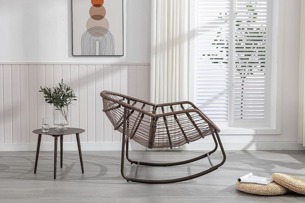 Wicker Outdoor Rocking Chair Rattan Egg Chair with Thick Cushion 30° Smooth Rocking Patio Lounge Reclining for Indoor Outdoor Use Living Room Front Porch Balcony Lawn Garden, Dark Grey