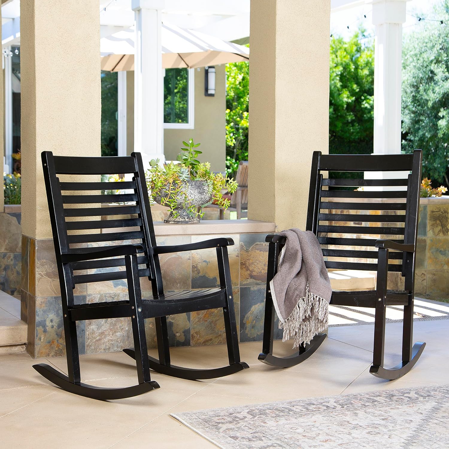 Shine Company Modern Wood Rocking Chairs, Ergonomic Wide Seat Porch Rockers, 2-Pack, Black