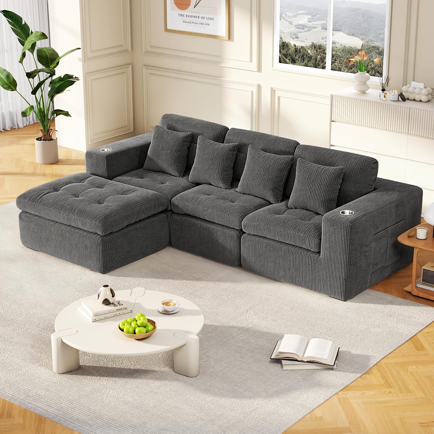 105' Modular Sectional Sofa, Cloud Sectional Couch with Deep Seat, Modern Corduroy Comfy L Shaped Couch with Chaise, Boneless Couches for Living Room Bedroom (Dark Gray)