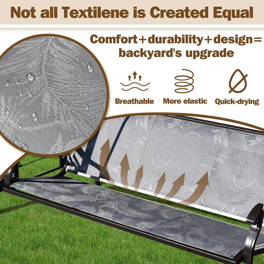 ZZW 3 Person Patio Swing Outdoor Swing for Adults with Adjustable Canopy &Upgraded Cup Holders Textilene Fabric Porch Swing Chair with Stand Heavy Duty 800 LBS