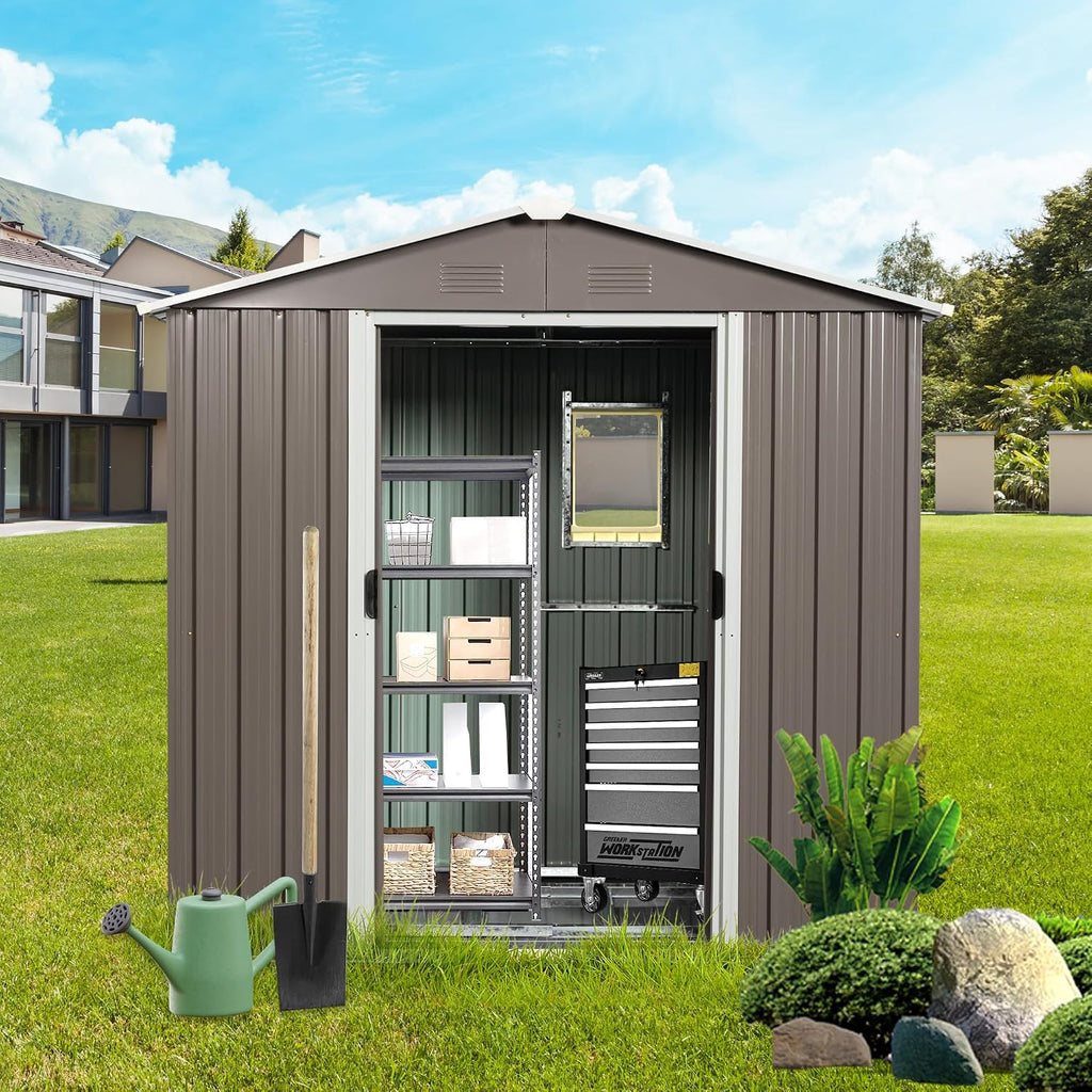 8 X 4 FT Outdoor Storage Shed Large Metal Utility Tool Sheds with Floor Frame and Window Vertical Outside Storage Building with Sliding Door for Backyard Garden Patio Lawn, Gray