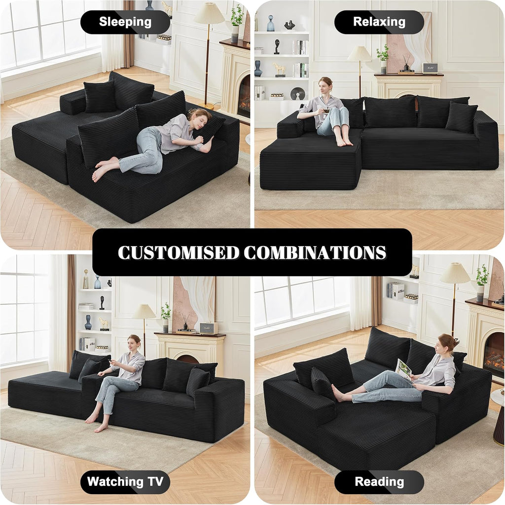 Mangodan 110' Cloud Sectional Couch, Boneless Sofa for Living Room, Modular Sectional Sofa with Deep Seat, Comfy Fluffy Couch with L-Shaped Chaise, No Assembly Required (Left-Facing Chaise, Black)