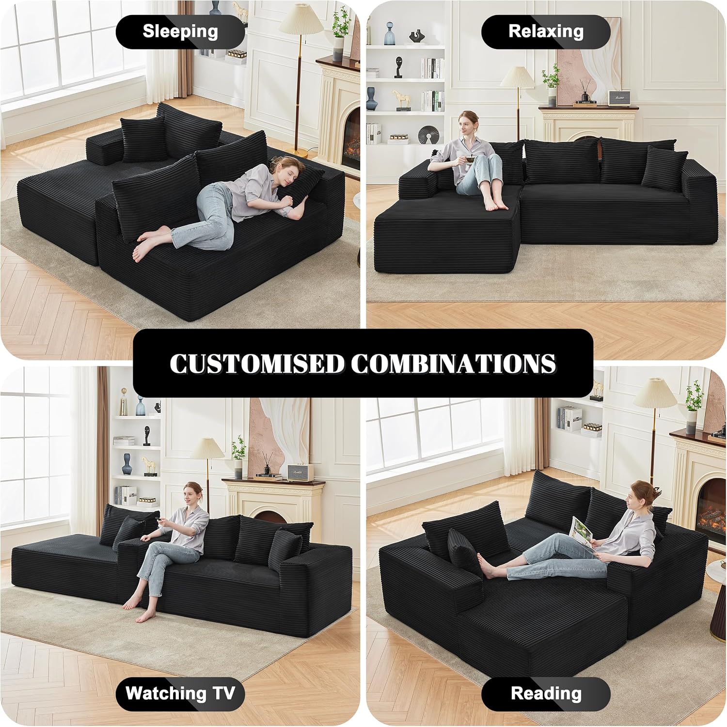 Mangodan 110' Cloud Sectional Couch, Boneless Sofa for Living Room, Modular Sectional Sofa with Deep Seat, Comfy Fluffy Couch with L-Shaped Chaise, No Assembly Required (Left-Facing Chaise, Black)