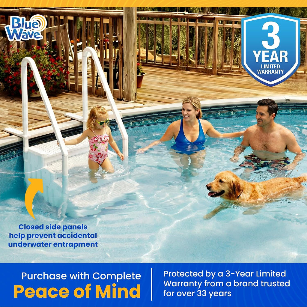 Blue Wave Easy Pool Steps – Anti-Slip Above Ground Pool Ladder – Fits 48-54-in Above Ground Pools, 350-lb Capacity – Wide Stairs with Handles & Deck Mounting Brackets, White Vinyl