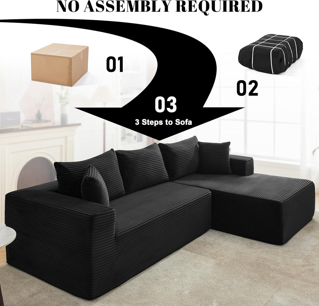 Mangodan 110' Cloud Sectional Couch, Boneless Sofa for Living Room, Modular Sectional Sofa with Deep Seat, Comfy Fluffy Couch with L-Shaped Chaise, No Assembly Required (Right-Facing Chaise, Black)