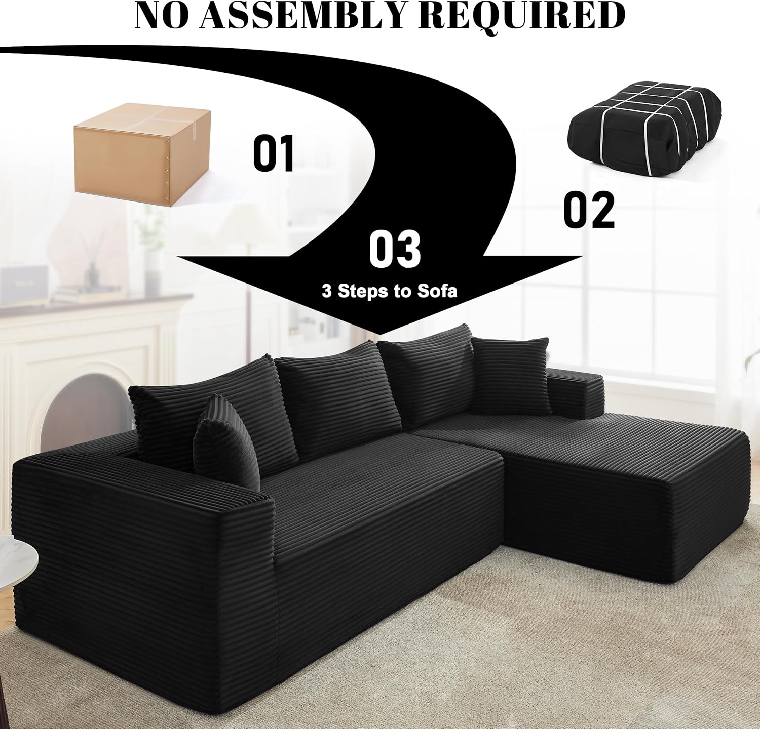 Mangodan 110' Cloud Sectional Couch, Boneless Sofa for Living Room, Modular Sectional Sofa with Deep Seat, Comfy Fluffy Couch with L-Shaped Chaise, No Assembly Required (Right-Facing Chaise, Black)