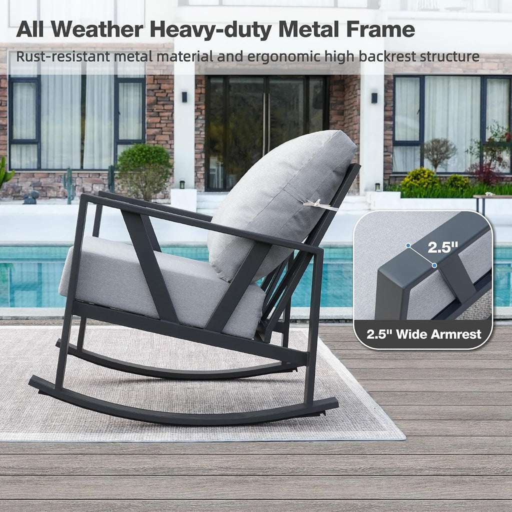 Outdoor Patio Rocking Chairs Set of 2, 3 Pieces Patio Porch Furniture Set with 6' Thick Cushions, Outdoor Bistro Set with Coffee Table, Light Grey