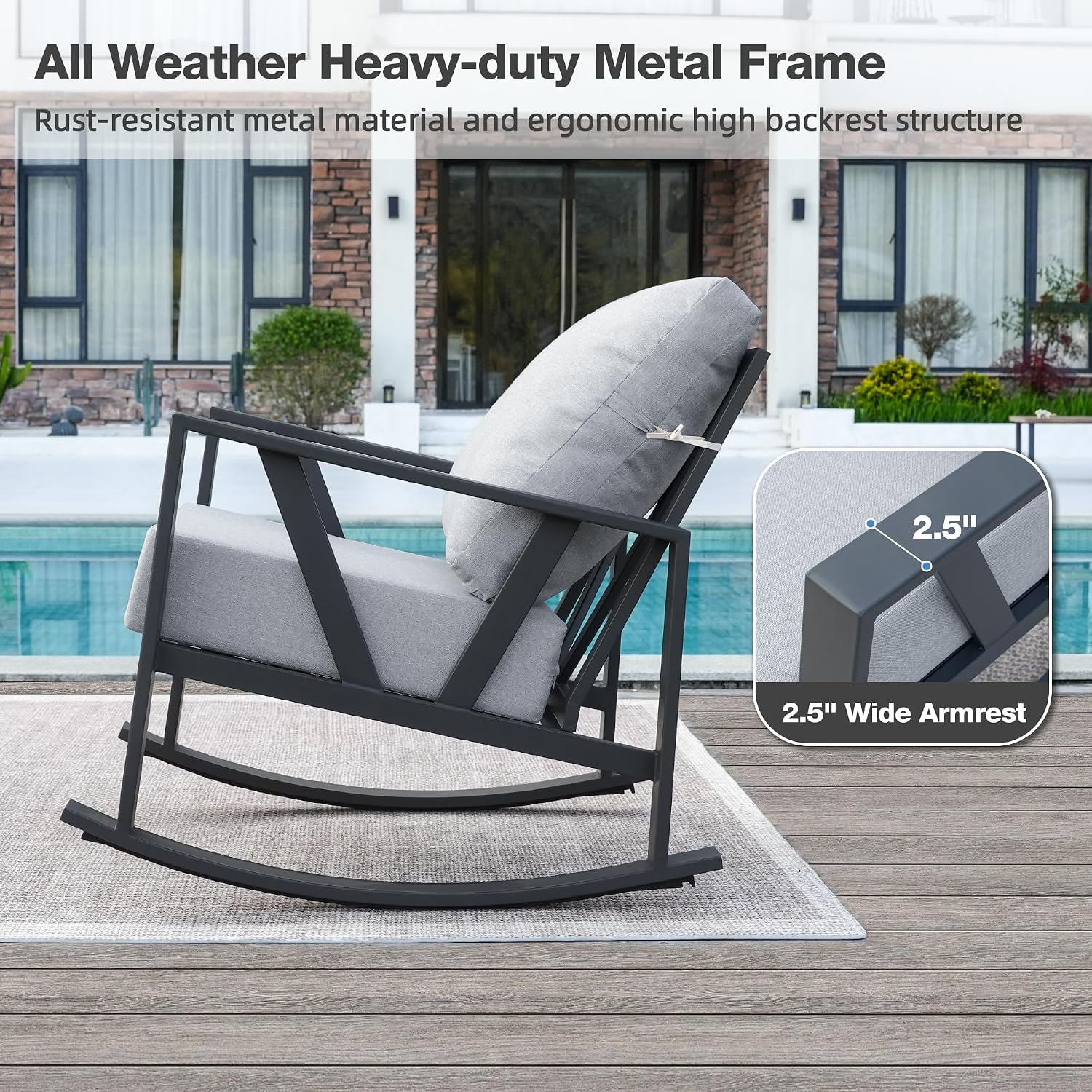 Outdoor Patio Rocking Chairs Set of 2, 3 Pieces Patio Porch Furniture Set with 6' Thick Cushions, Outdoor Bistro Set with Coffee Table, Light Grey