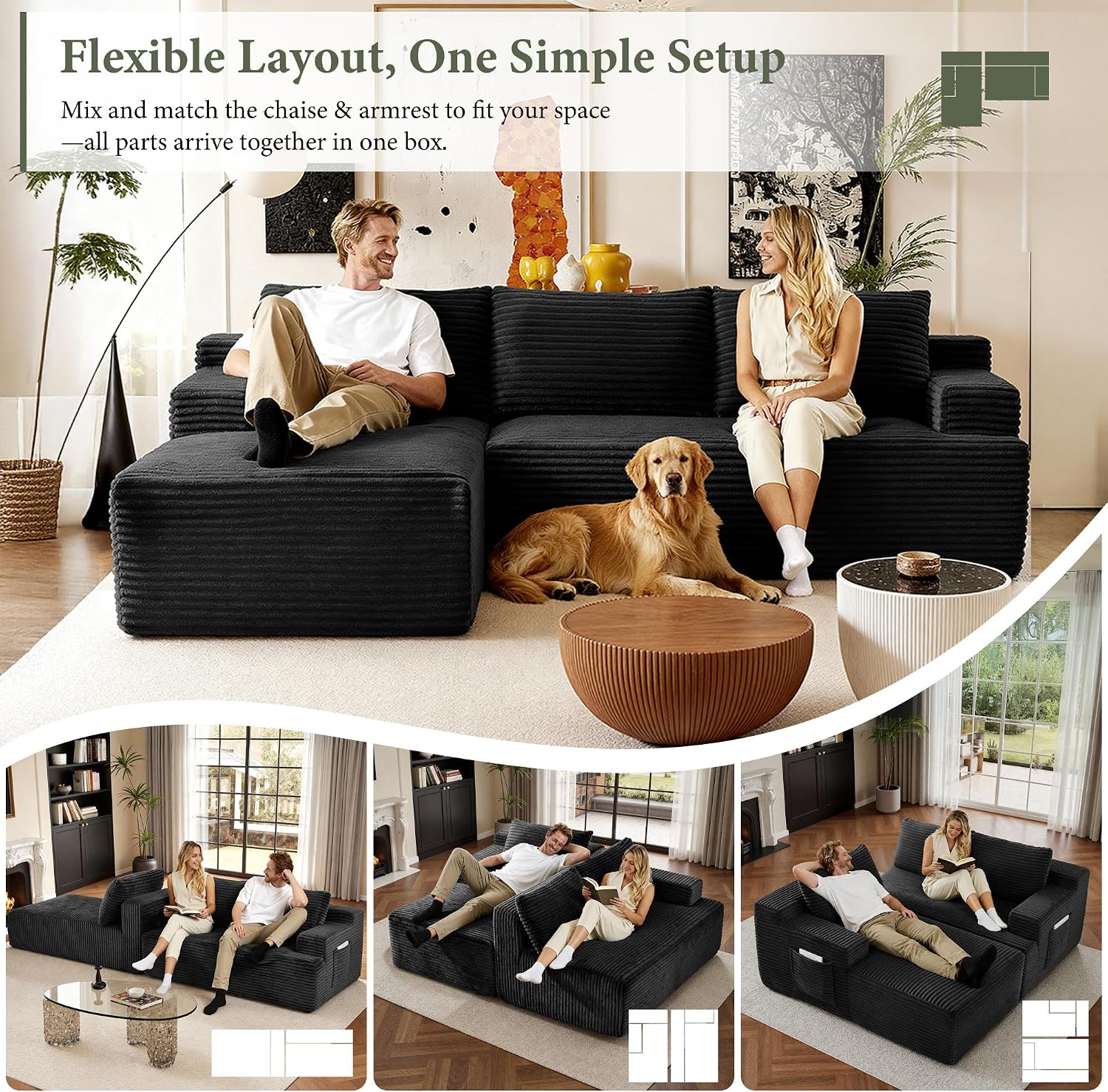 96' Sectional Couches for Living Room Cloud Couch Sofa with L-Shape Upholstered Boneless Couchs Modern Modular Sectional Couch with Chaise (Black, 96' W+Left Facing Chaise+2Seaters)