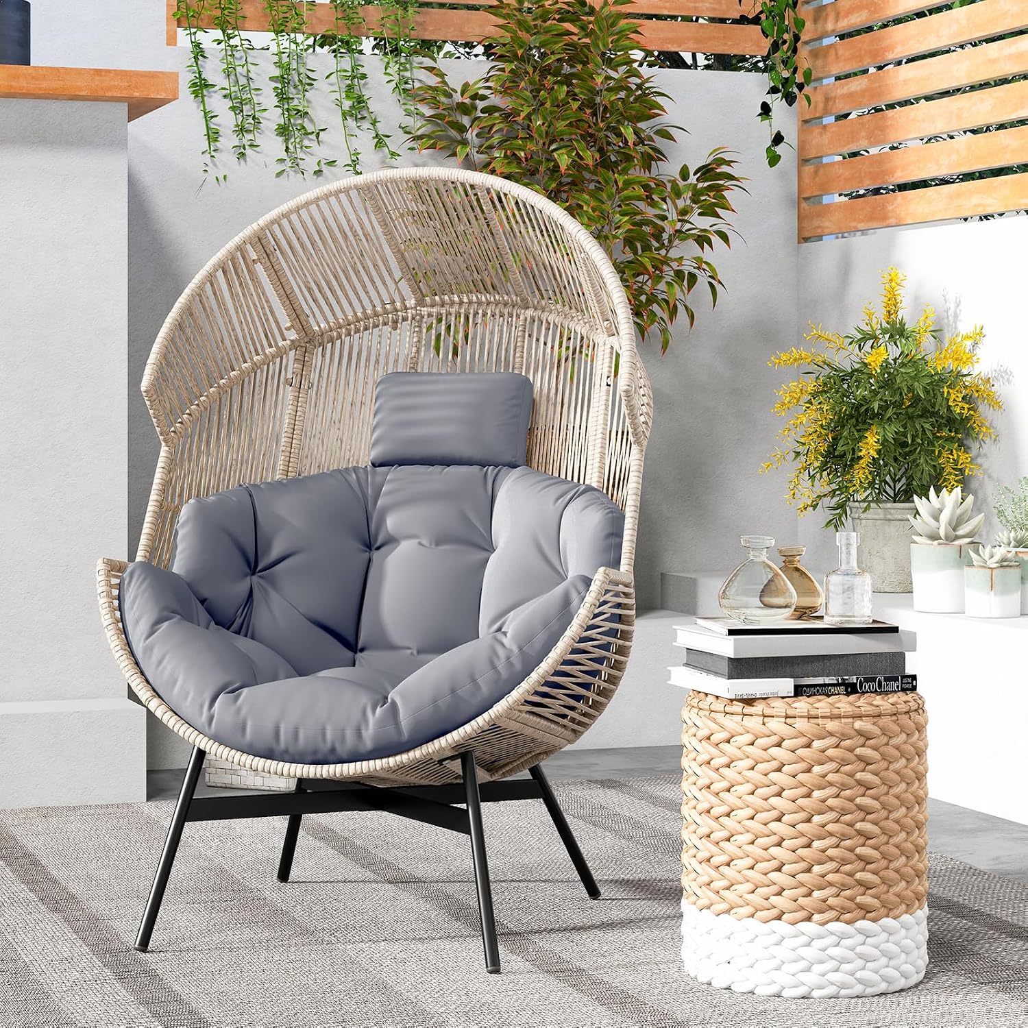 Tangkula Oversized Egg Style Chair, Wicker Stationary Patio Egg Chair w/Cushions & Headrest, Heavy-Duty Metal Frame, Patio Lounge Basket Sofa Chair for Yard, Porch, Living Room