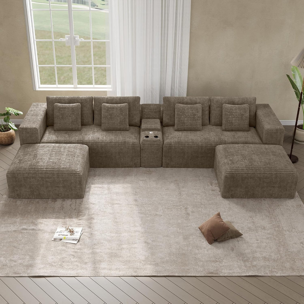 152' Oversized U Shaped Cloud Couches for Living Room, Fluffy Large Modular Sectional Sofa Set with Ottoman Chaise Comfy Corduroy Brown Boneless Couch with Cup Holder USB Port