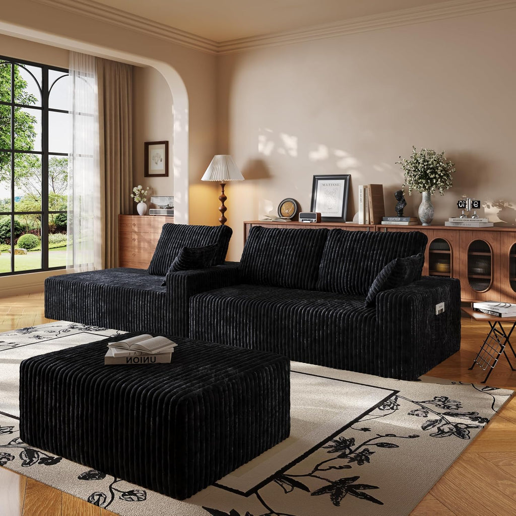 108' U-Shape Modular Sectional Cloud Couch with Ottoman, Deep Seat Boneless Couch with Oversized Chaise Lounge, Comfy Flannel Fabric Sofa for for Living Room Bedroom Apartment Game Room Basement