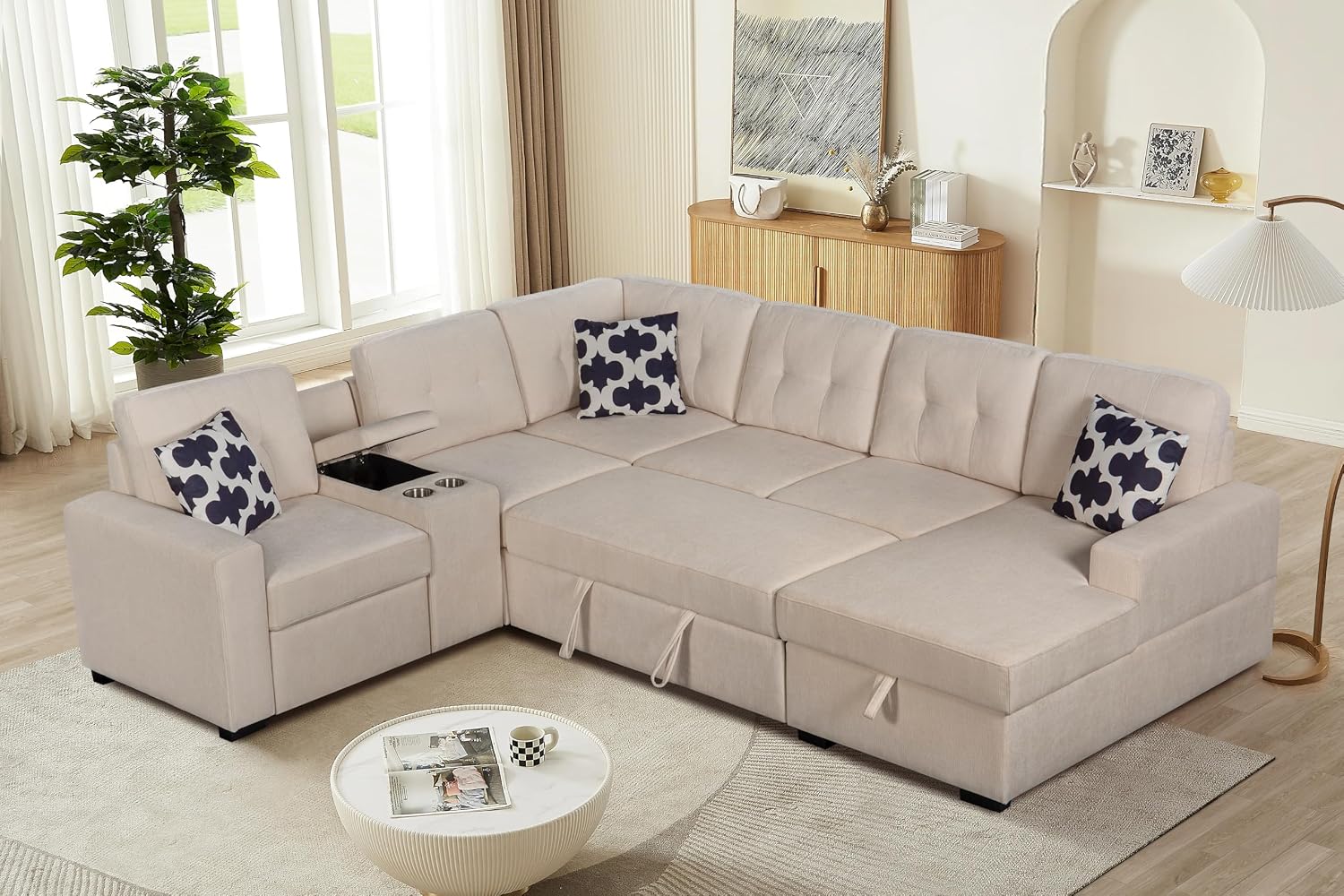 Ball & Cast L-Shape Convertible Sectional Sleeper Sofa Bed 2 in 1 Pull Out Couch with Storage Chaise & Cup Holders,6 Seat Chenille Upholstered Reversible Sleeper Corner Couch for Living Room,Beige