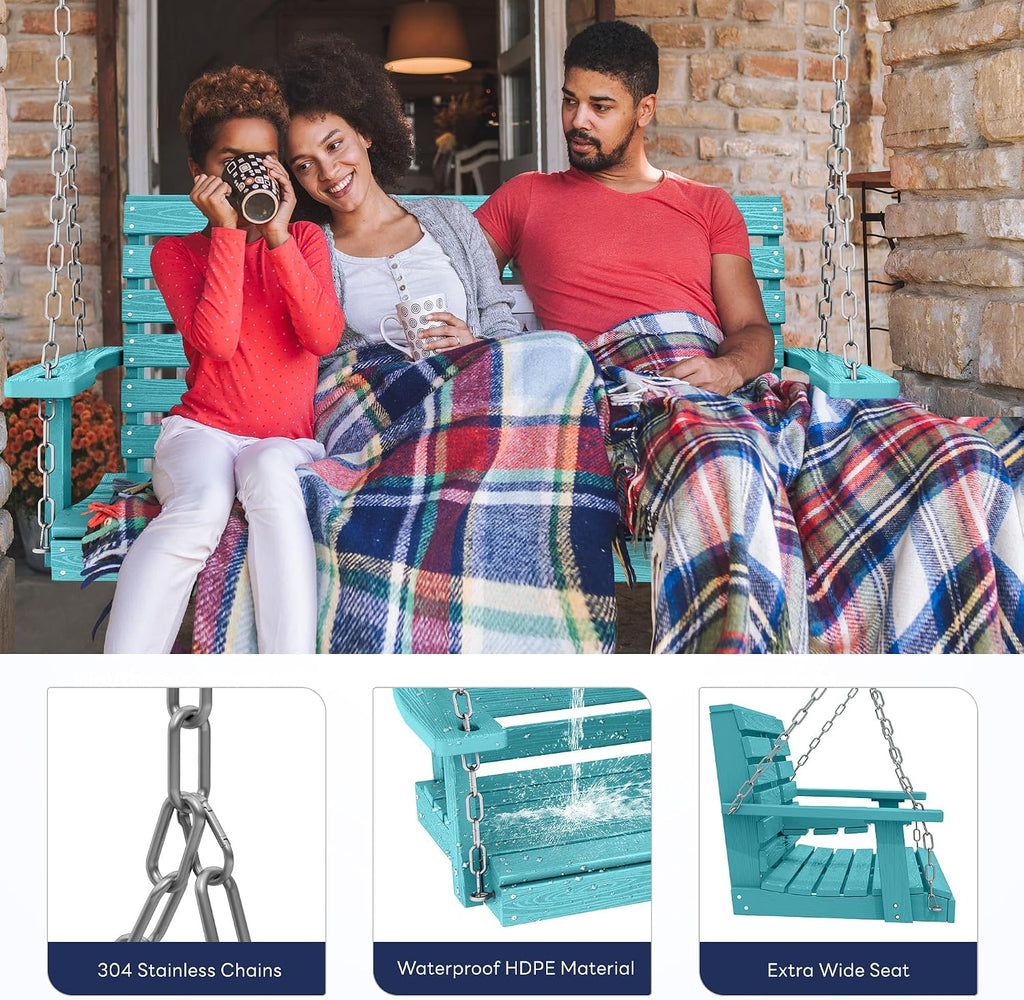 KINGYES Outdoor Hanging Porch Swing Set of 2, 2 Seat Patio Swing Recliner with Cup Holders, Waterproof Swing Recliner Bench for Courtyard & Garden, 660LBS Weight Capacity, Aruba Blue