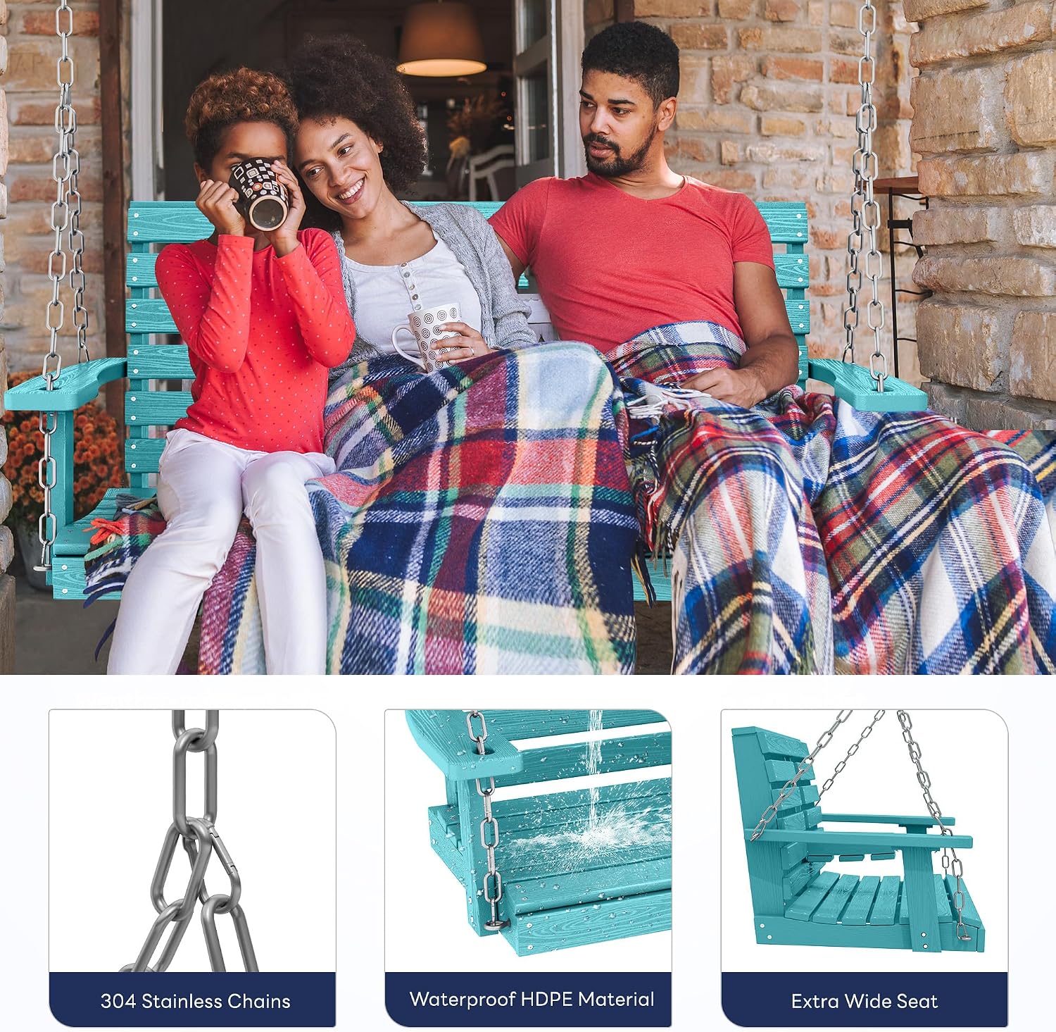 KINGYES Outdoor Hanging Porch Swing Set of 2, 2 Seat Patio Swing Recliner with Cup Holders, Waterproof Swing Recliner Bench for Courtyard & Garden, 660LBS Weight Capacity, Aruba Blue