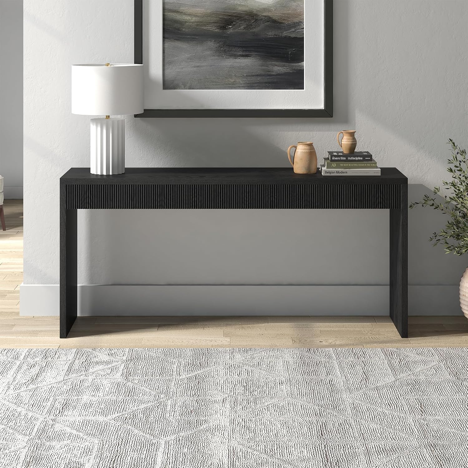 Henn&Hart 64' Rectangular Fluted Console Table, Ribbed Entryway Table, Sofa Table for Entryway, Living Room, Couch, Hallway, or Office, Natural Black