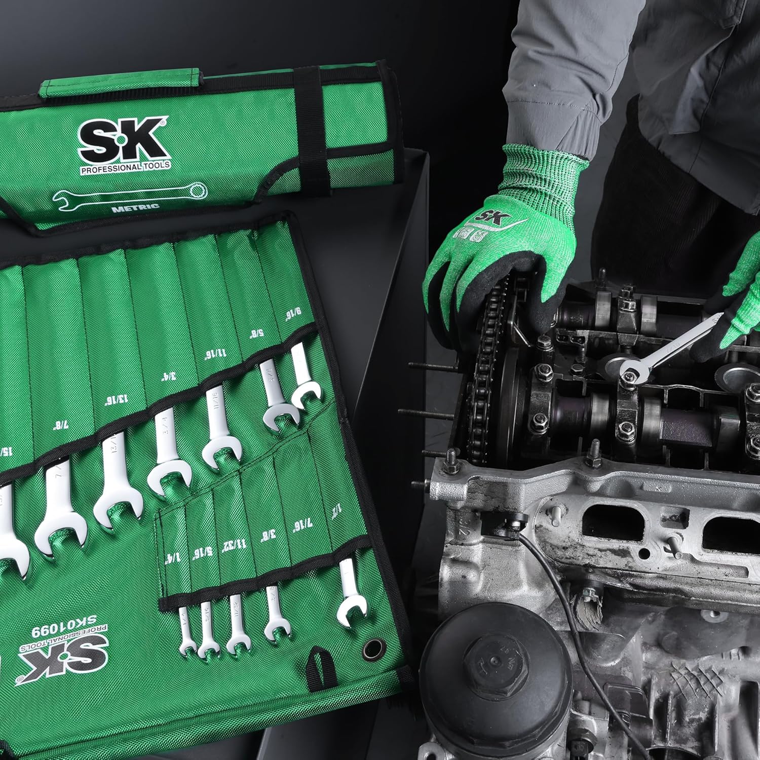 SK Combination Wrench Set, SAE 1/4' to 1-1/4', Metric 6 to 32mm, 42-Piece, SuperKrome Finish, Premium CR-V Construction, with Rolling Pouch