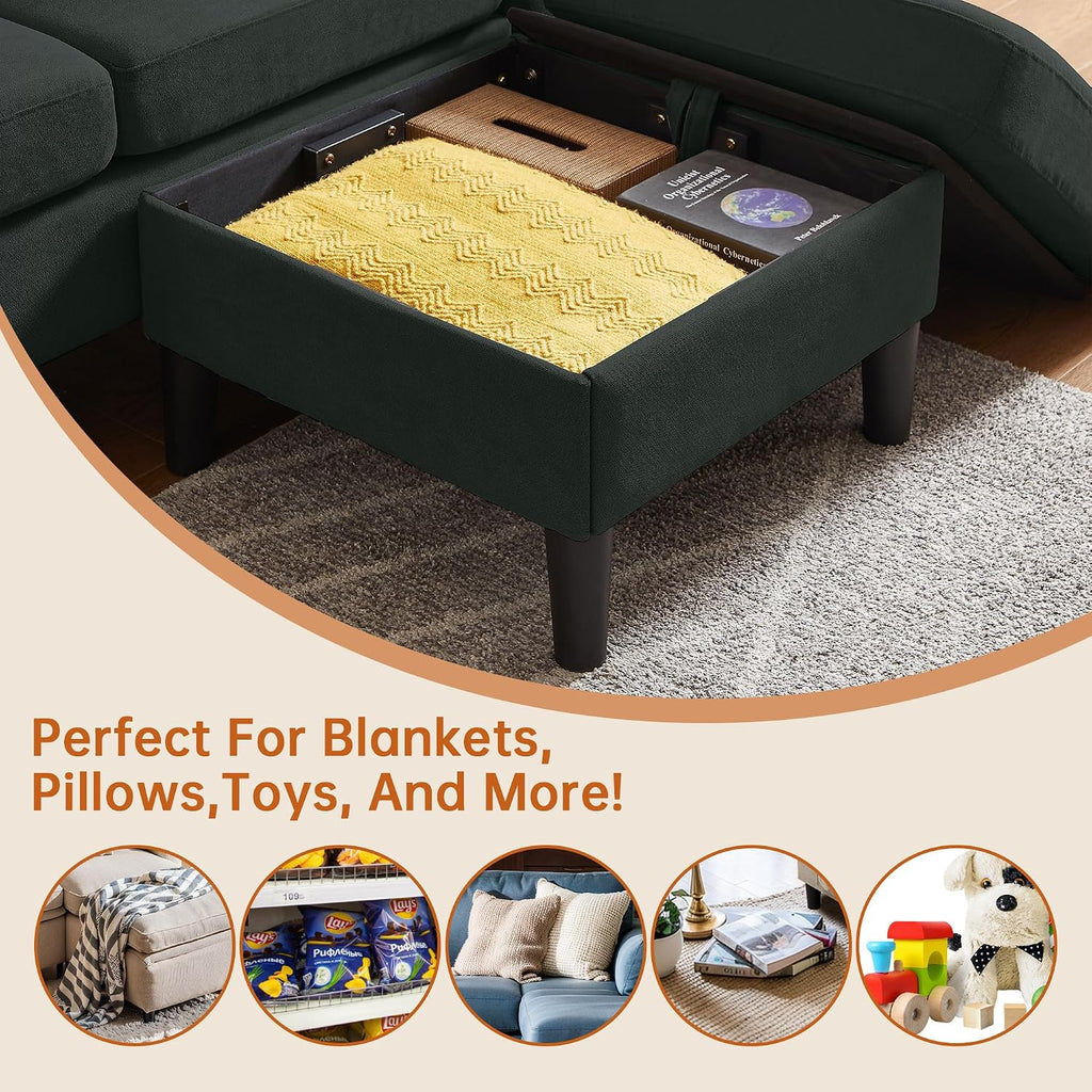 Convertible Sectional Sofa, Modern L Shaped 3-seat Sofa, 79' Linen Fabric Small Sectional Couch with Movable Ottoman, Couch for Small Spaces Living Room (Black)