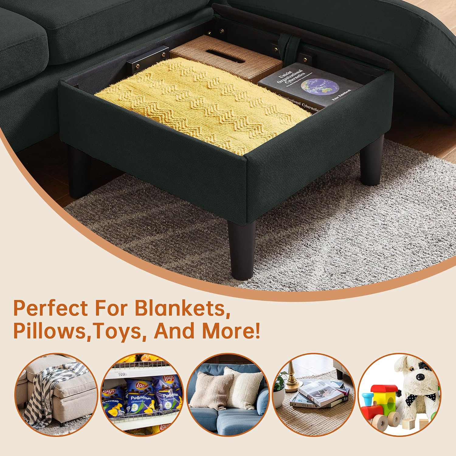 Convertible Sectional Sofa, Modern L Shaped 3-seat Sofa, 79' Linen Fabric Small Sectional Couch with Movable Ottoman, Couch for Small Spaces Living Room (Black)