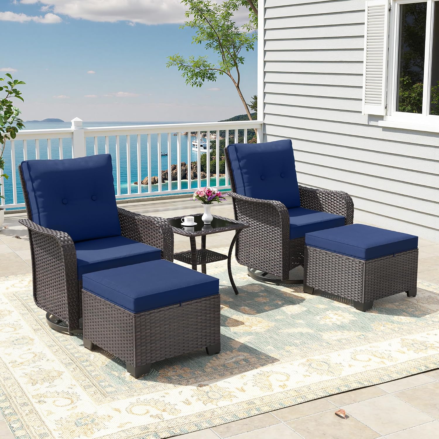 ALAULM 5-Piece Outdoor Swivel Rocking Chair Set with 4' Thick Cushions and High Back, Wicker Patio Chairs with Side Table & 2 Footstools for Porch, Poolside, Backyard—Dark Blue