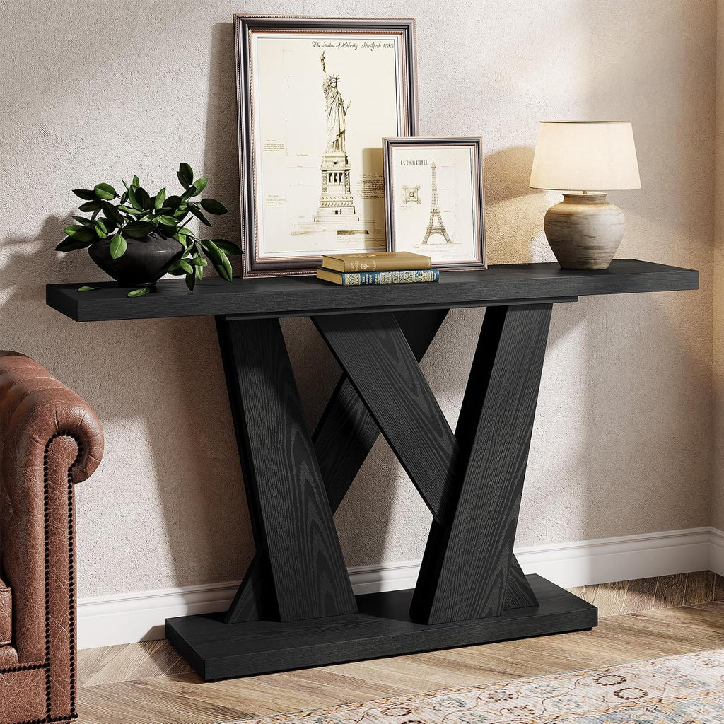 Tribesigns 55-Inch Farmhouse Console Table, Farmhouse Behind The Couch Table TV Stand with Geometric Base, Skinny Sofa Table Entryway Table for Entrance, Living Room, Hallway, Foyer, Black