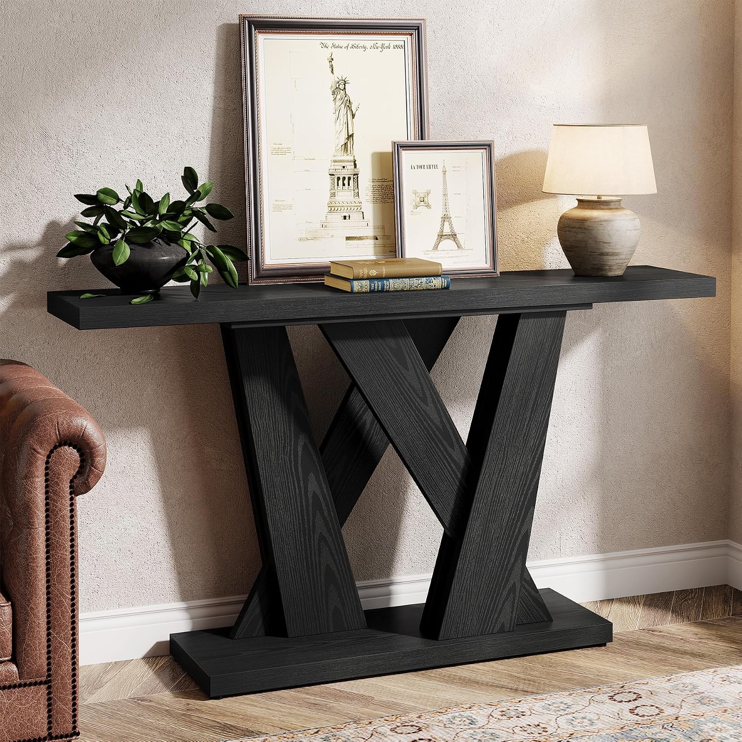 Tribesigns 55-Inch Farmhouse Console Table, Farmhouse Behind The Couch Table TV Stand with Geometric Base, Skinny Sofa Table Entryway Table for Entrance, Living Room, Hallway, Foyer, Black