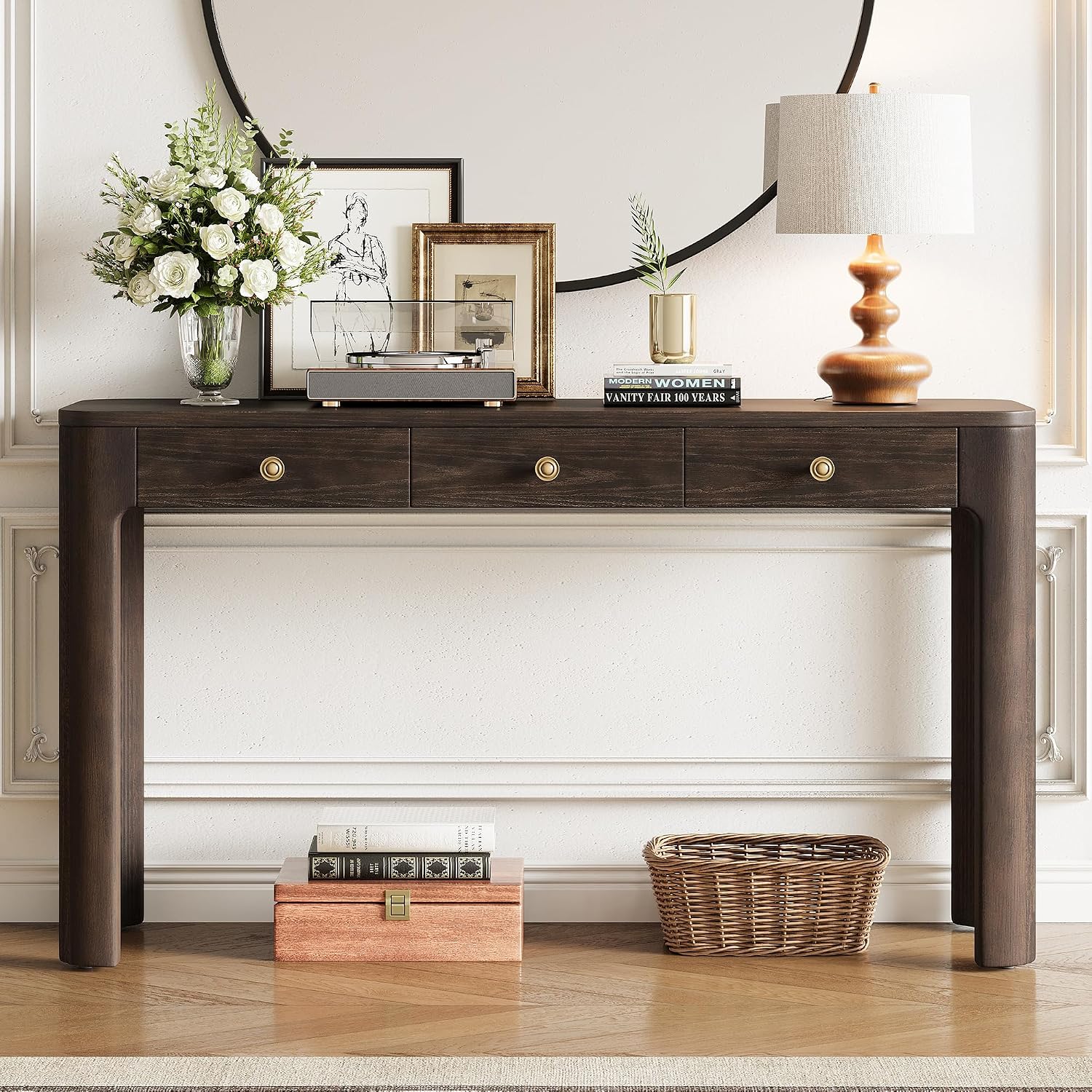 LKTART Solid Wood Entryway Table with 3 Drawers,Farmhouse Console Table Sofa Table with Curved Corners for Hallway,Foyer,Living Room (52' Espresso)