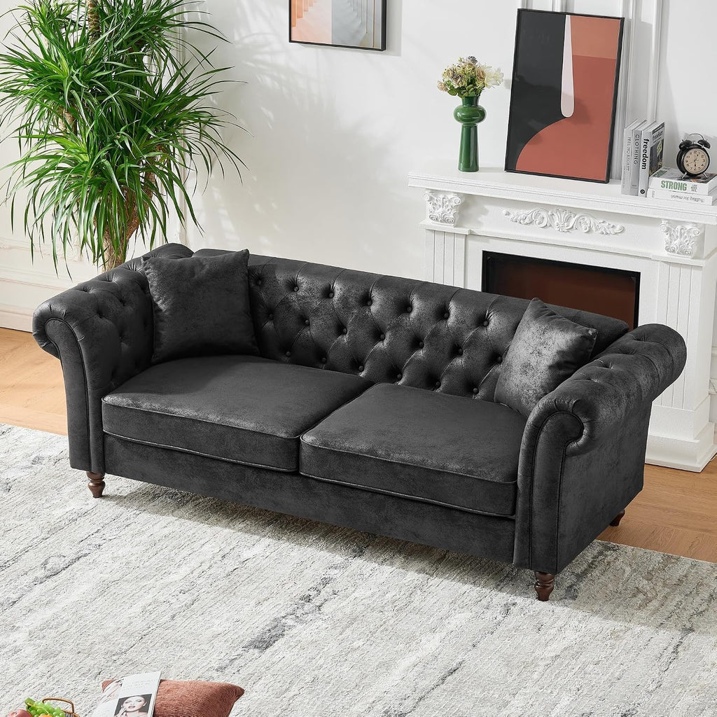 Air Leather Tufted Sofa Couch for Living Room, Rolled Arm 3-Seater Sofa Couch with 2 Pillows, Small Apartment Chesterfield Sofa