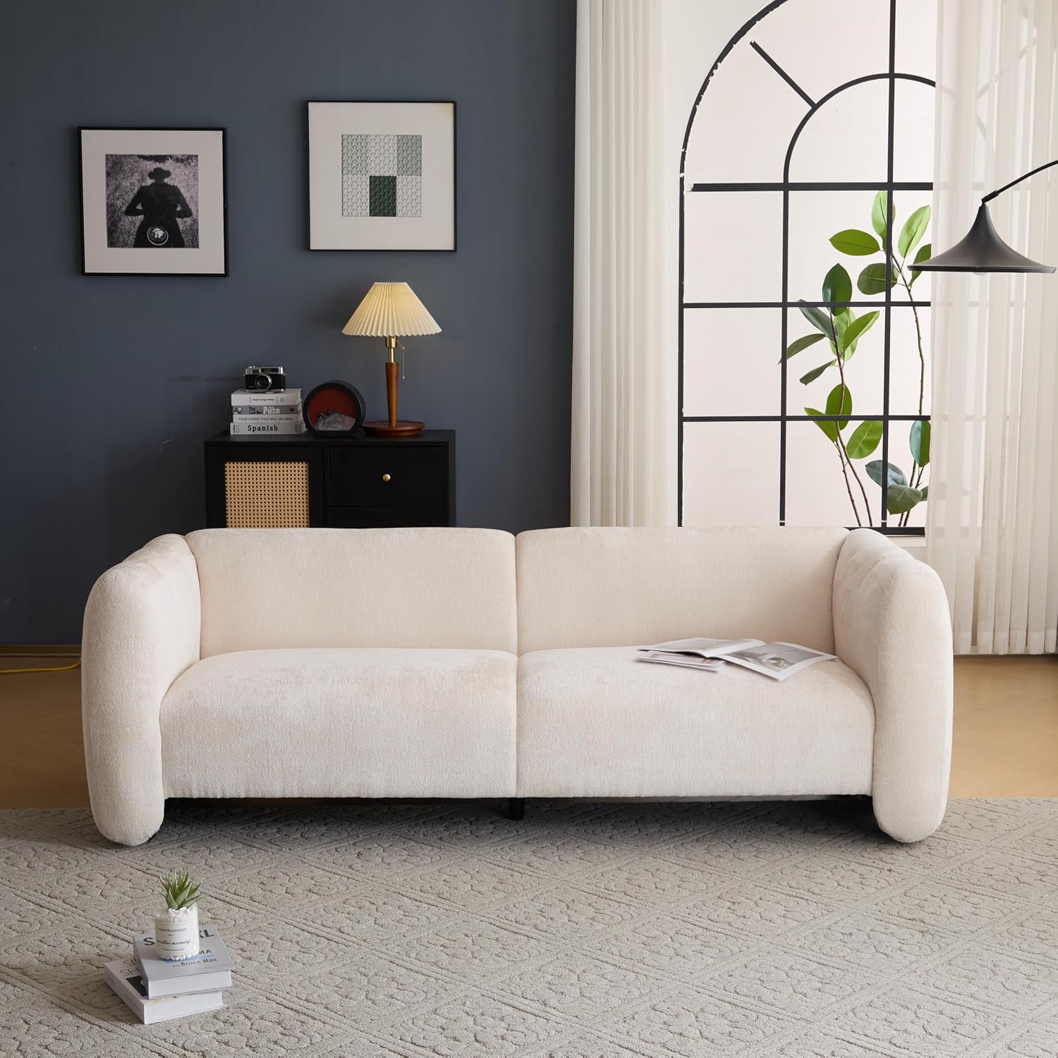 Christopher Knight Home Carine 83'' Sofa Couch, Cozy Boucle Fabric Upholstered 3-Seater Seating Sofa, Comfy Couches for Living Room and Office, Modern Oversized Loveseat, Curved Wave Design, Beige
