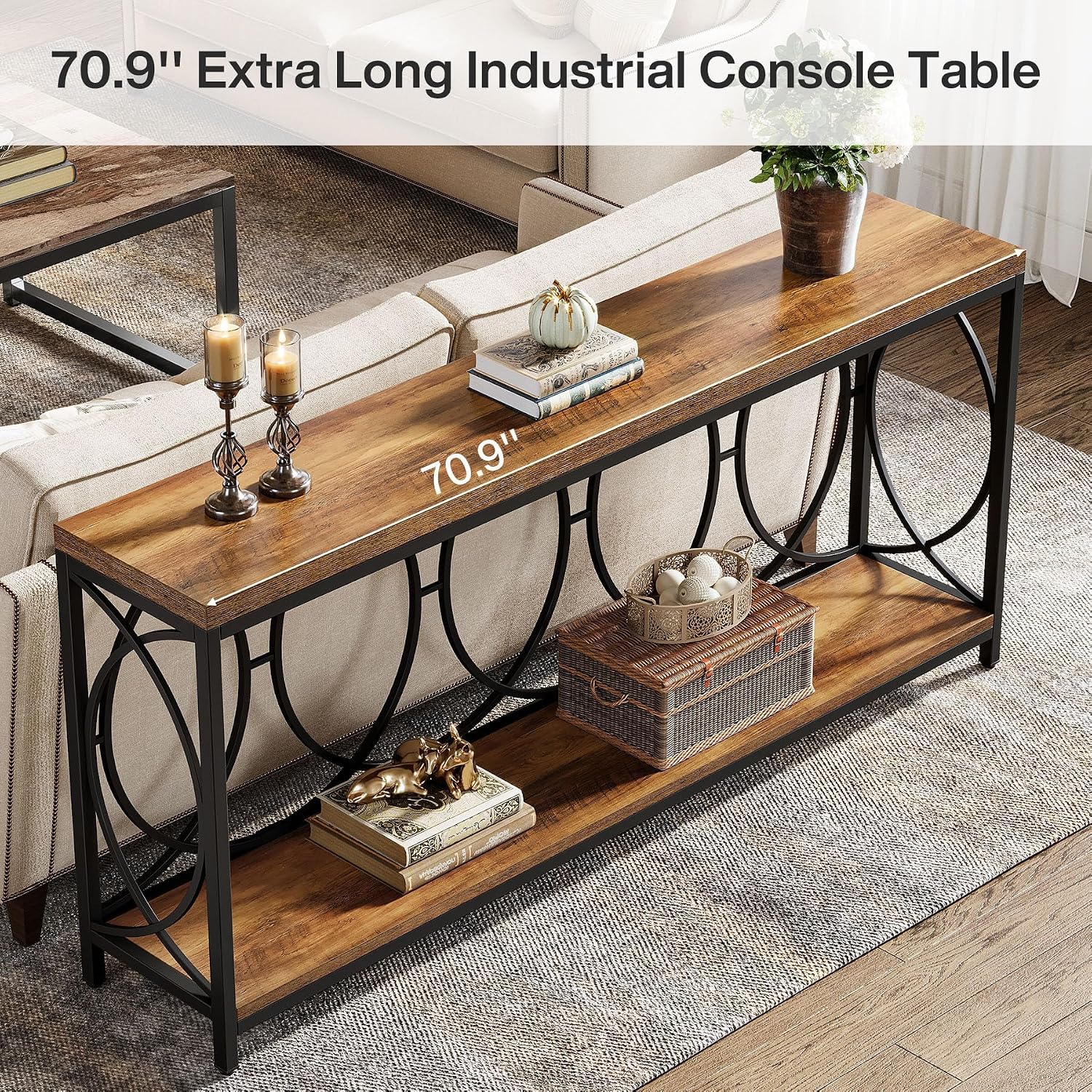 Tribesigns 70.9-Inch Extra Long Console Table, 2-Tier Industrial Table Behind Couch with Storage Shelf, Narrow Entryway Console for Living Room, Entryway, Hallway, Rustic Brown