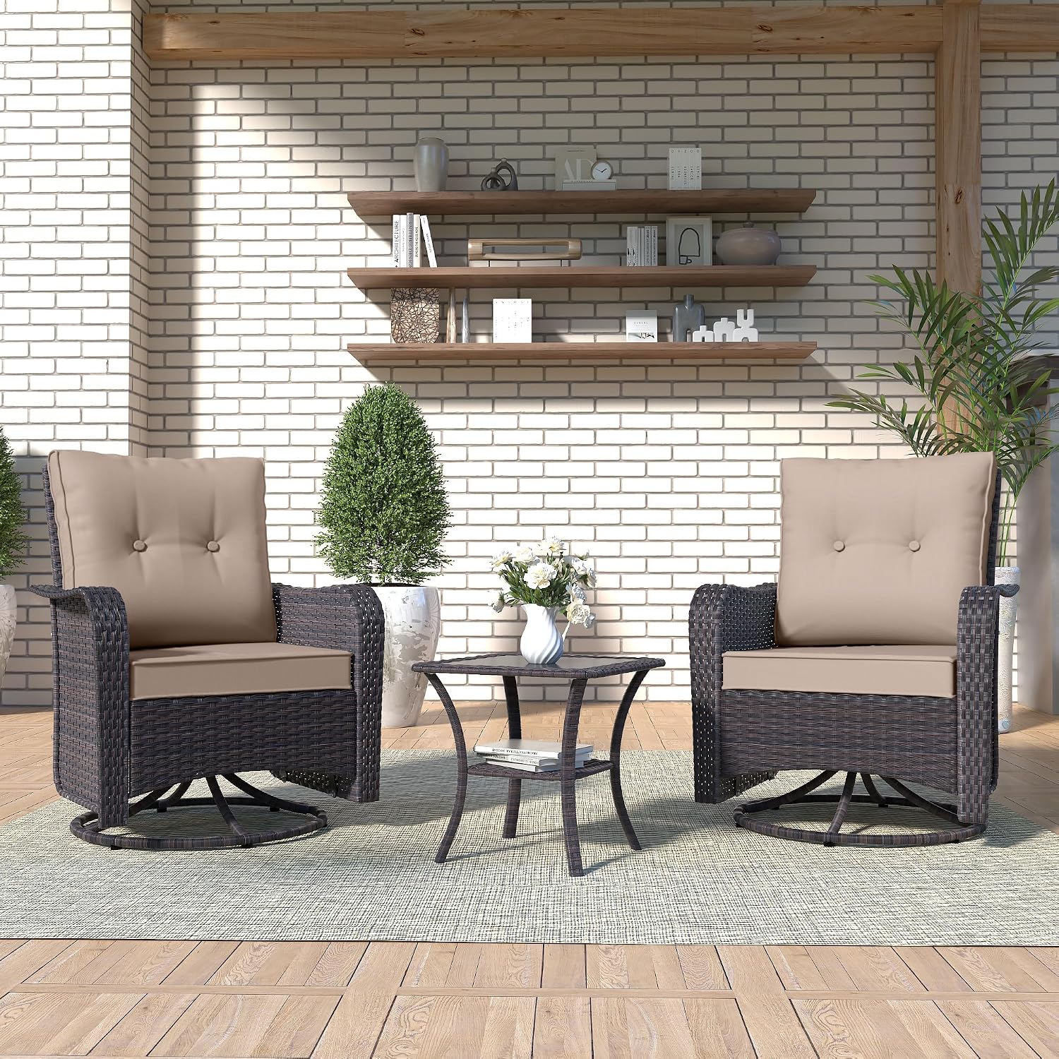 Kurapika 3 Pieces Patio Furniture Set Outdoor Swivel Gliders Rocker, Wicker Patio Bistro Set, Rattan Rocking Chair with Tempered Glass Side Table and Thickened Cushions (Sand)