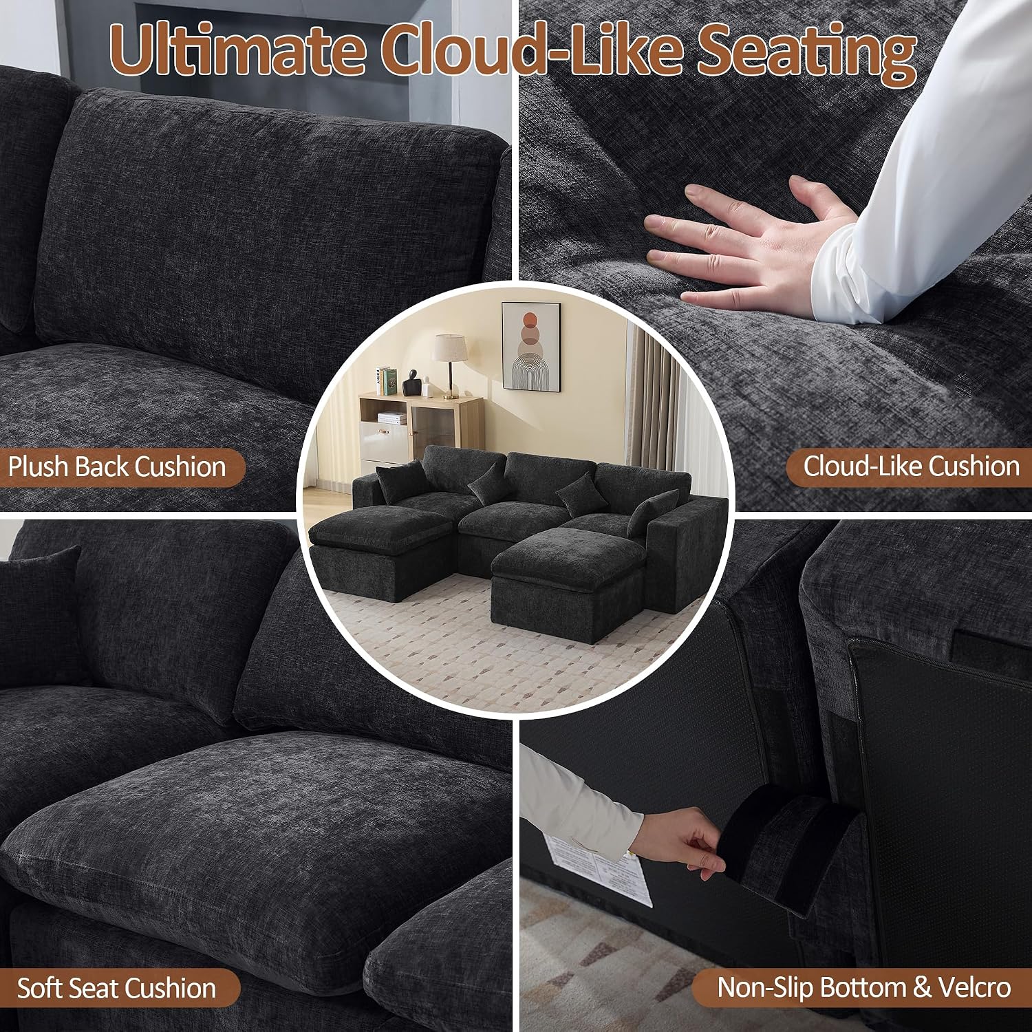 115'' Cloud Boneless Sectional Couch, Modular Sectional Sofa Deep Seat with 2 Ottomans, Oversized Upholstered Convertible Comfy 5 Seater Chenille Sofa U Shape Couches for Living Room, Dark
