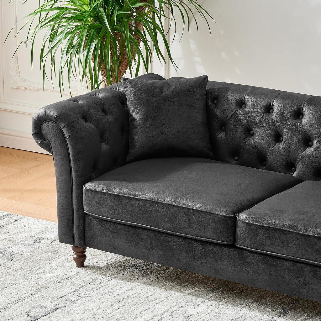 Air Leather Tufted Sofa Couch for Living Room, Rolled Arm 3-Seater Sofa Couch with 2 Pillows, Small Apartment Chesterfield Sofa