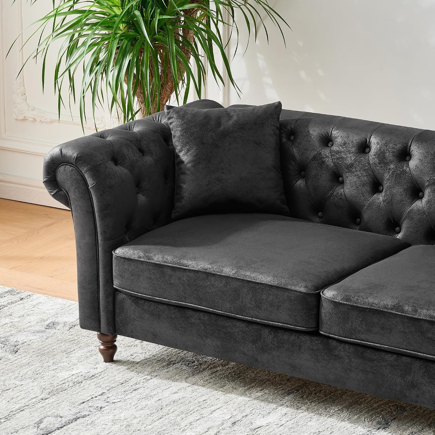 Air Leather Tufted Sofa Couch for Living Room, Rolled Arm 3-Seater Sofa Couch with 2 Pillows, Small Apartment Chesterfield Sofa