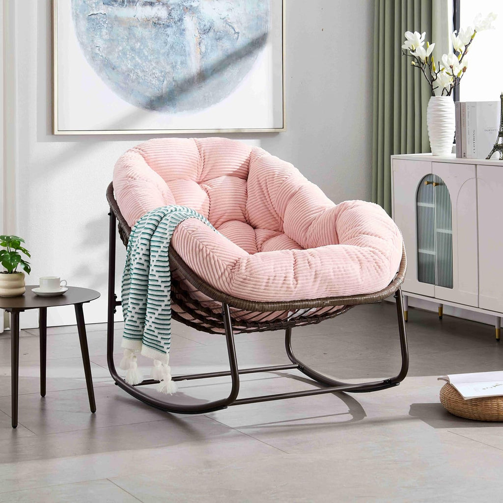 Wicker Outdoor Rocking Chair Rattan Egg Chair with Thick Cushion 30° Smooth Rocking Patio Lounge Reclining for Indoor Outdoor Use Living Room Front Porch Balcony Lawn Garden, Pink