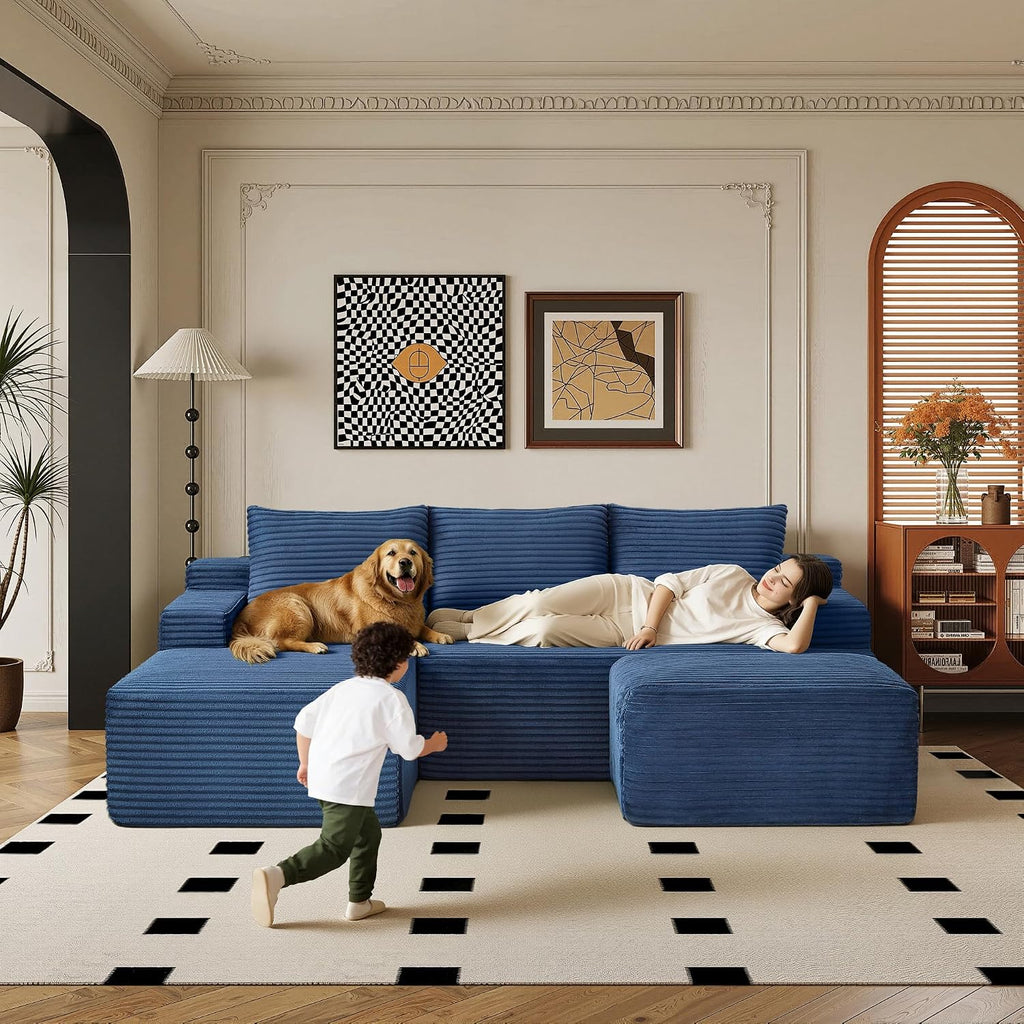 96' Sectional Couches for Living Room Cloud Couch Sofa with L-Shape Upholstered Boneless Couchs Modern Modular Sectional Couch with Chaise (Bule, 96' W+Left Facing Chaise+2Seaters+Ottoman)