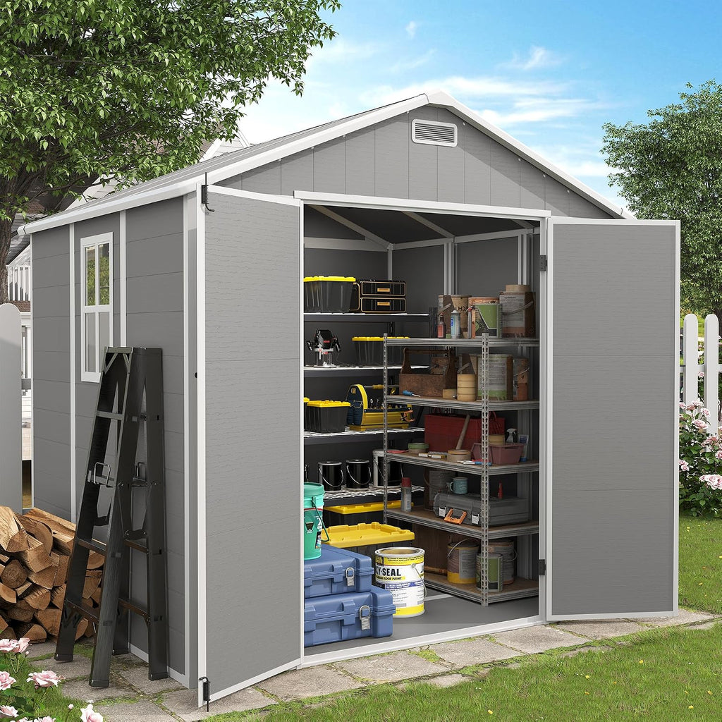 Outdoor Storage Shed, 8x6 FT Resin Shed with Floor Included and Lockable Door, Window & Vents, Tool Sheds, Outdoor Storage for Bike, Garden Accessories, Tools, Waterproof